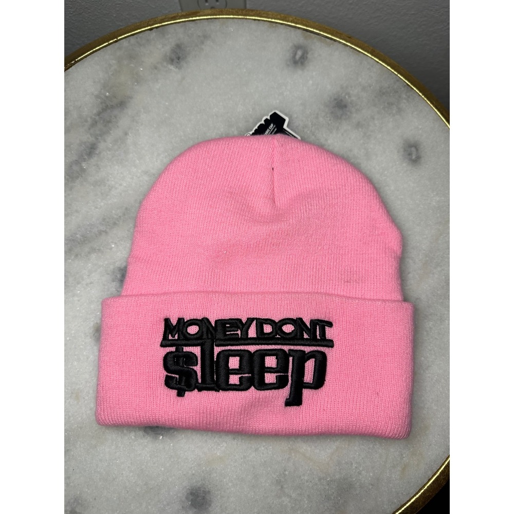 Money Dont Sleep Beanie Pink Black Embroidered Cuffed Knit‎ Hat Streetwear New